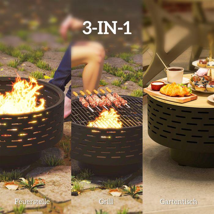 Produktbild Swisshandel24 3in1 Feuerschale Ø60x39cm Edelstahl Grillrost Schürhaken Funkenschutz Holzoptik Kohlegrau (60 cm)
