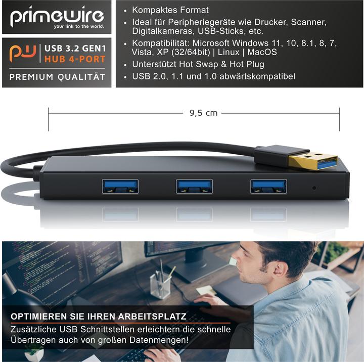 Produktbild Primewire 4-Port aktiver Ultra Slim USB 3.2 Hub Verteiler mit Netzteil (Micro USB, USB-A, 4 Ports)