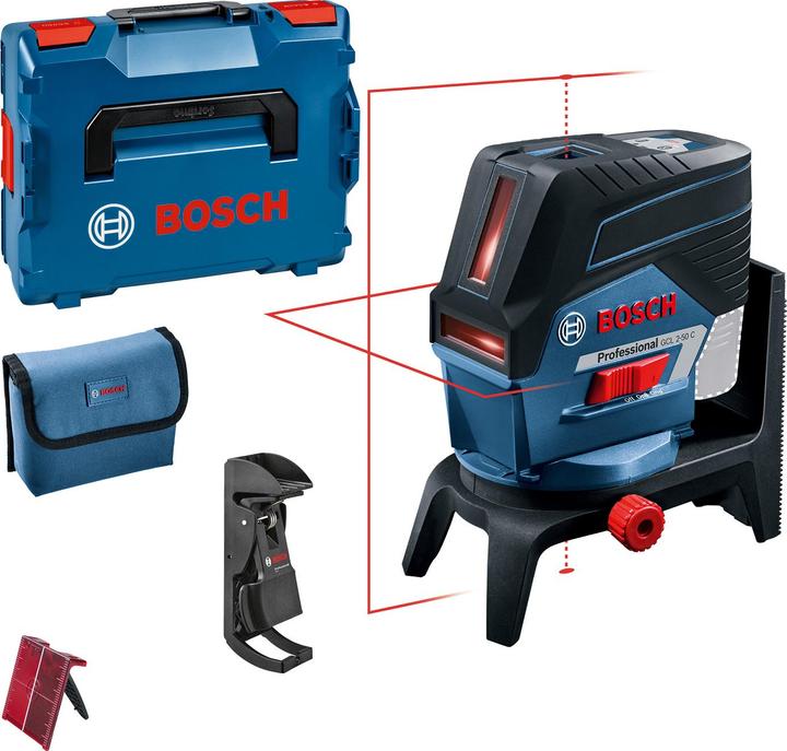 1 x ceiling clamp, 1 x GCL 2-50 C/CG insert 2, 1 x GCL 2-50 C/CG insert 1, 1 x laser target board, 1 x RM 2 Professional swivel bracket, 1 x protective bag, 1 x L-Boxx 136