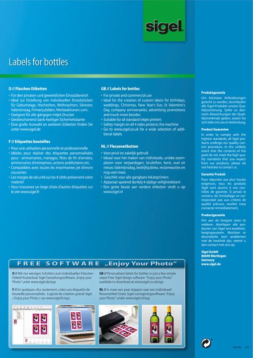 Actual product image Sigel InkJet bottle labels A4