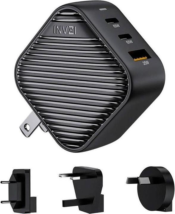 Image du produit Invzi GanHub 2x USB-C + USB wall charger, 65W, EU/UK/AU/US (black) (65 W)