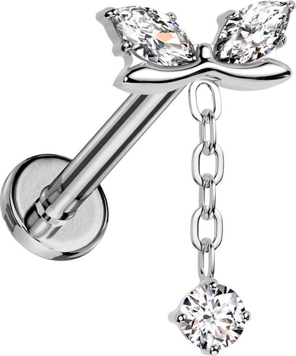 Hollywood Body Jewelry Micro labret inner thread silver curved bar two oval crystals silver pendant chain Kri (Titanium G23, without brass)