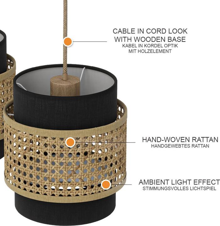 Image du produit Vicco Lampe suspendue 3 pièces Morten, Rotin/noir, 70 x 120 cm (E27)