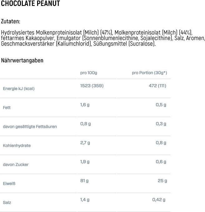 Valeurs nutritives et ingrédients Dymatize ISO 100 (Arachide, Chocolat, 1 pcs, 932 g)