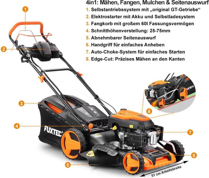 Immagine prodotto Fuxtec Tagliaerba a benzina con avviamento elettrico zipgo® (Batteria ricaricabile)
