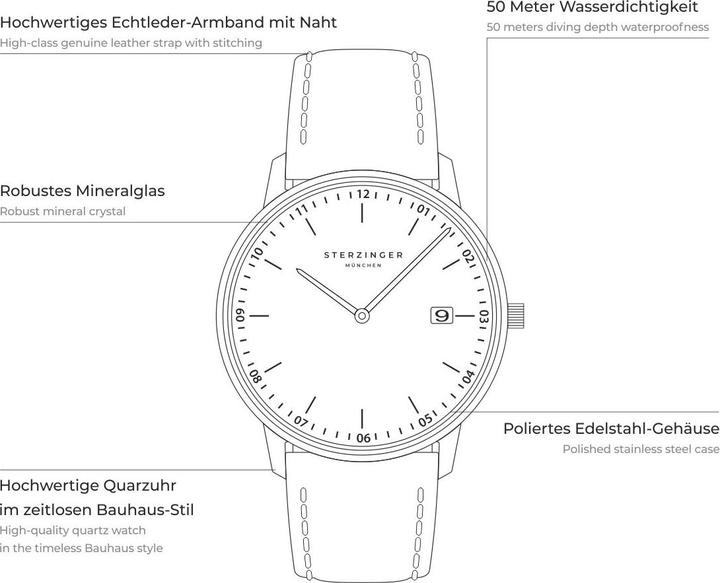 Image du produit Sterzinger Montre à quartz pour homme en cuir véritable noir - 30498 (Montre analogique, 38 mm)