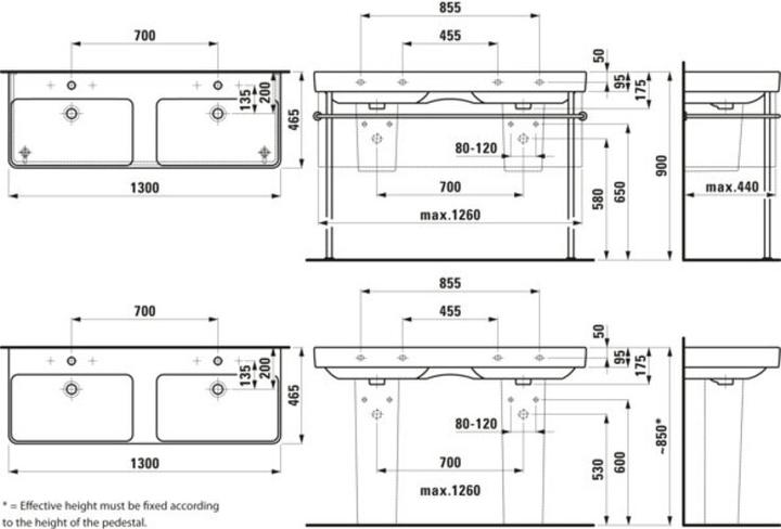 Produktbild Laufen Doppelwaschtisch PRO S 1300x460mm m ÜL 1 HL-Ausf. weiss LCC (460 mm, 1300 mm)