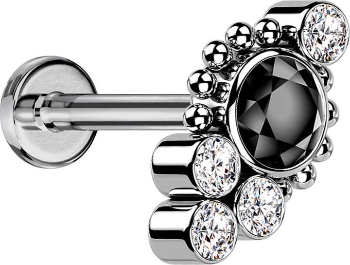 Image du produit Star Piercing Micro Labret femelle argenté boules quatre cristaux argenté cristal noir (sans laiton, Titane G23)