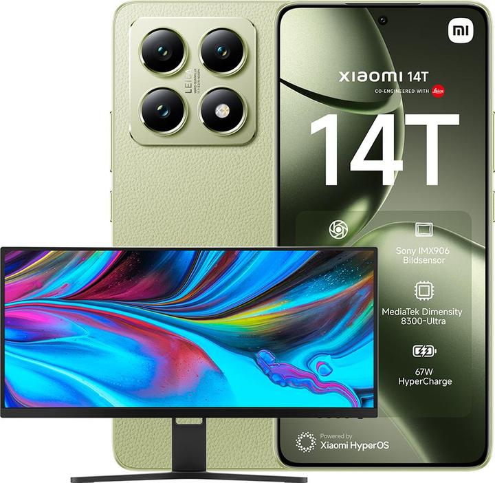 Xiaomi 14T + Moniteur de jeu incurvé 30" Bundle de lancement (256 Go, Vert citron, 6.67", Double SIM, 50 Mpx, 5G)