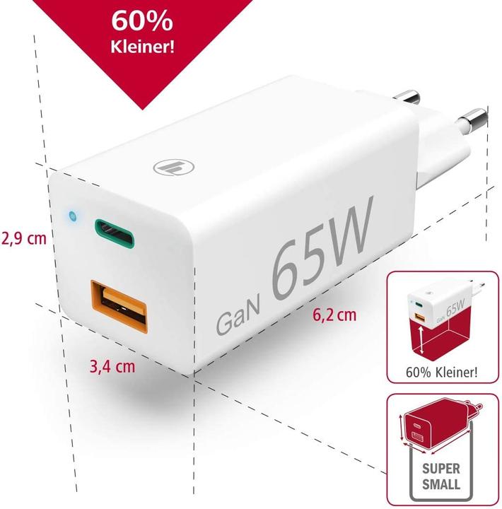 Actual product image Hama GaN Charger + USB cable (65 W)