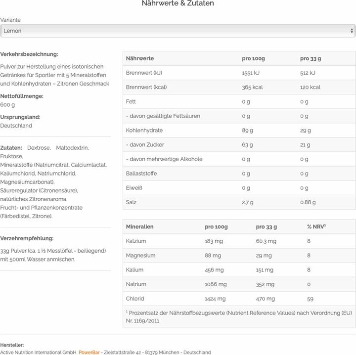 Valori nutrizionali e ingredienti Powerbar Isoactive (Limone, 1 x)