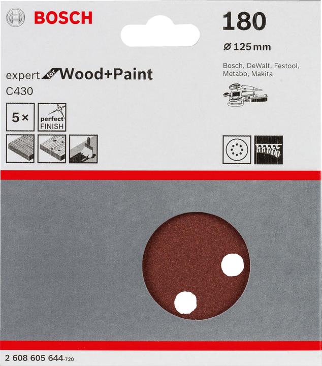 Produktbild Bosch Professional Zubehör Schleifblatt C430, 125 mm, 180, 8 Löcher, Klett, 5er-Pack (180)