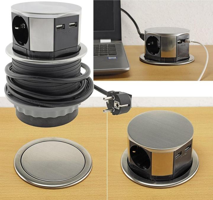 Produktbild Chilitec Schreibtisch-Einbausteckdose 3x + 2xUSB (3 x, CEE 7/3, 1.50 m)