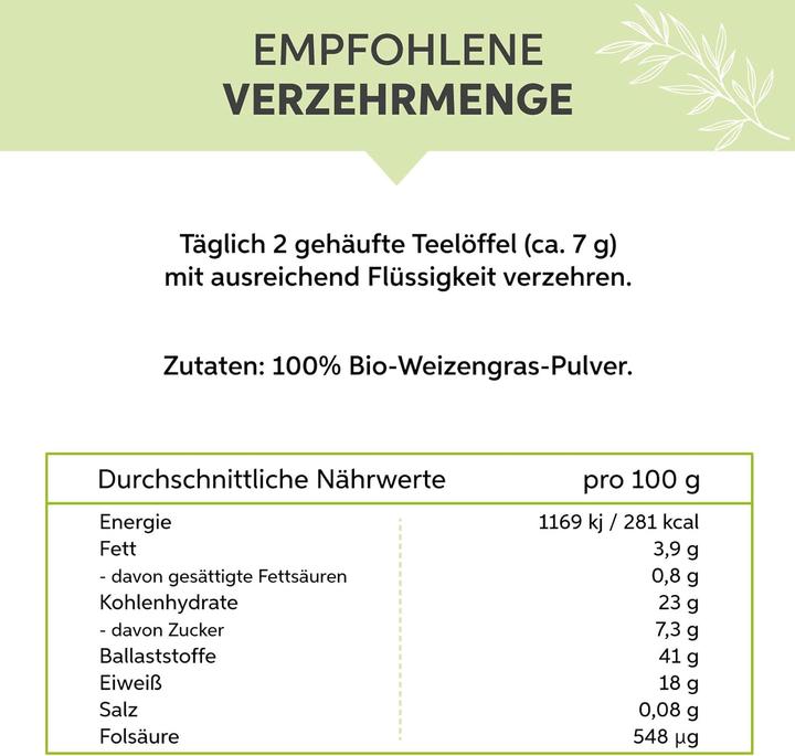 Valeurs nutritives et ingrédients Eltabia Poudre d'herbe de blé bio (Poudre, 200 g)
