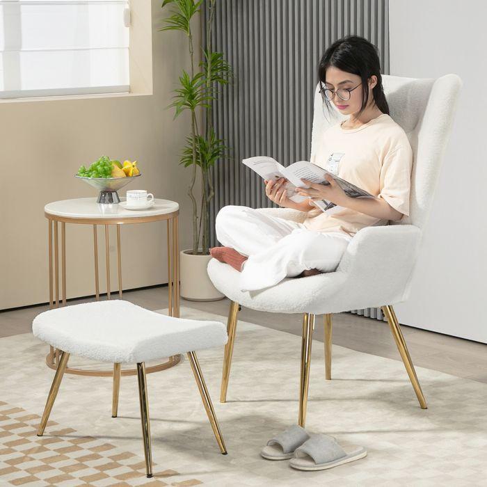 Immagine prodotto Swisshandel24 Ohrensessel mit Hocker, Sessel mit Sherpa-Bezug, Hohe Rückenlehne, Weiss