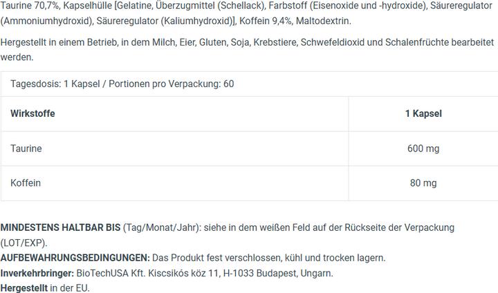 Nährwerte und Zutaten Biotech USA Caffeine Taurine (60 Stück, Kapseln, 70 g)