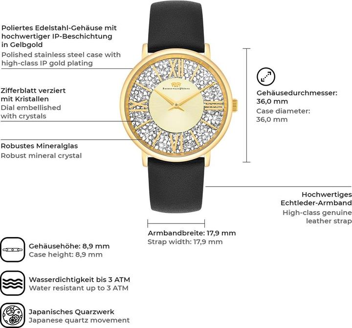 Actual product image Ladies quartz watch Pamina genuine leather black - 23882 (Analogue wristwatch, 36 mm)