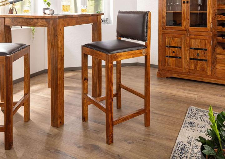 Produktbild Floki24 Barhocker im Kolonialstil, Akazie & Echtleder 46x46x109 lackiert- hellbraun