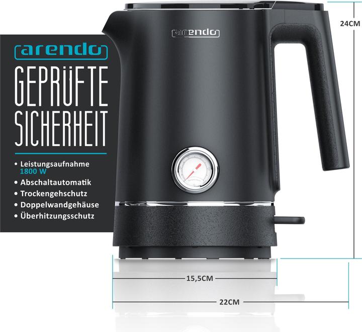 Immagine prodotto Arendo Bollitore da 1,5 l, 1800 W, acciaio inox, design a doppia parete, con display analogico della (1.50 l)
