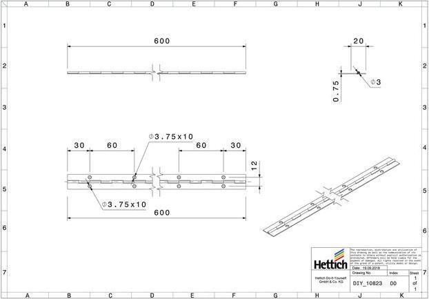 Produktbild Hettich Stangenscharnier H 600 x B 20 mm, vermessingt, 1 Stck (1 Stk.)