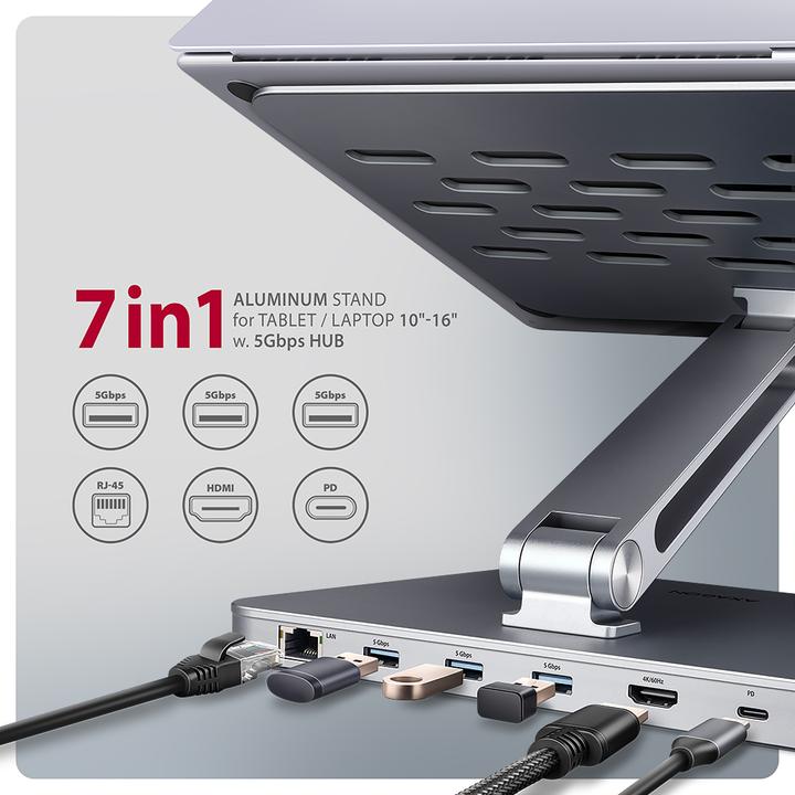 Actual product image Axagon HMC-STND stand for laptops and tablets, USB-C hub - silver (USB-C, 7 Ports)