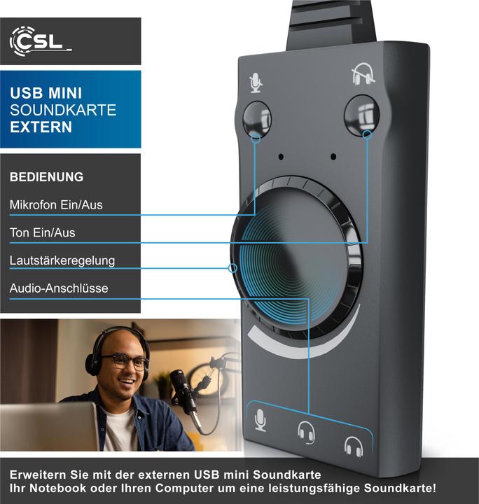 Produktbild CSL USB Soundkarte Surround Sound, mini externe USB Soundkarte mit Lautstärkenregelung (USB 2.0)
