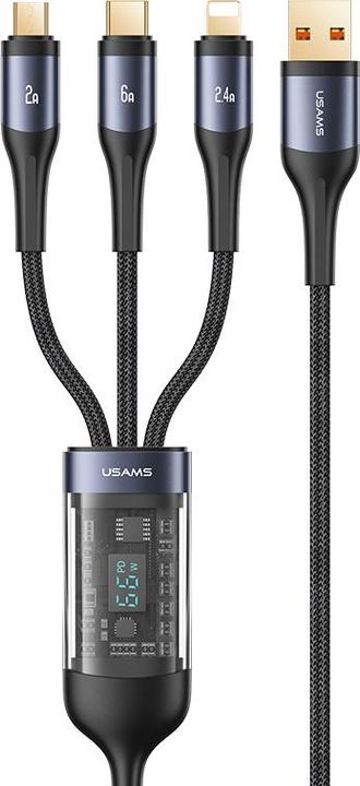 Usams US-SJ582 U83 3IN1 66W Transparent Digital Display Fast Charging & Data Cable 1.2m USB To C+L+M (1.20 m, USB 3.2 Gen 1)