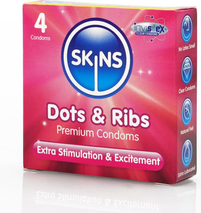 Produktbild Skins Dots & Ribs» 4 gerippt/genoppte Kondome aus kristallklarem Latex - ohne Latexgeruch (4 Stk.)