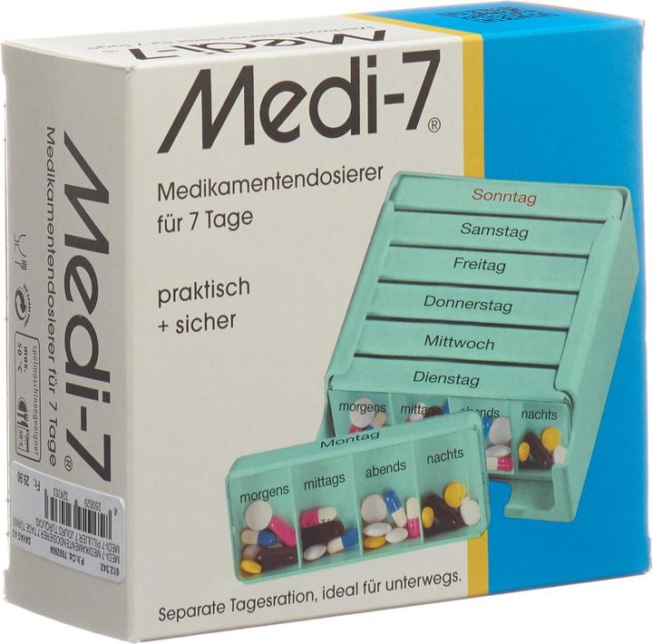 Actual product image Sahag Medi-7 Medication dispenser 7 days 4 compartments Per day turquoise german