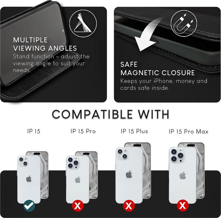 Produktbild Nalia Echt Leder Flip Case Hülle mit Magnetverschluss (Apple iPhone 15)