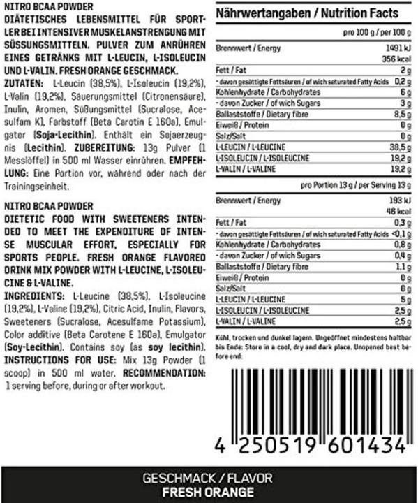 Nährwerte und Zutaten ESN Nitro BCAA (Lemon Ice Tea, 1 Stk., 500 g)
