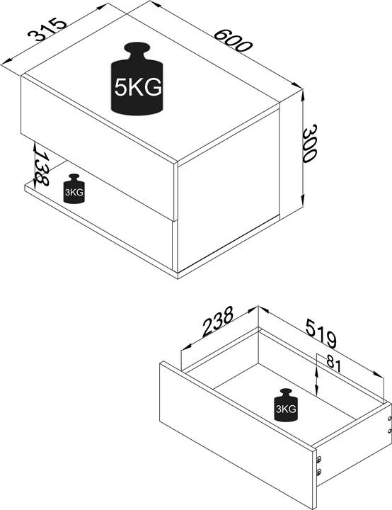 Produktbild VCM Holz Wandschublade Nachtschrank Wandboard Schublade Konsole Nachttisch Usal XL 60 cm (60 x 32 x 30 cm)