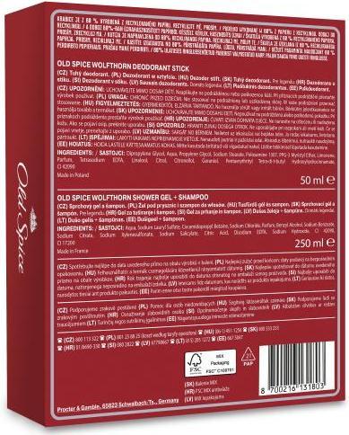 Valori nutrizionali e ingredienti Old Spice Set Di Spezie Antiche Wolfthorn (Stick, 250 ml)