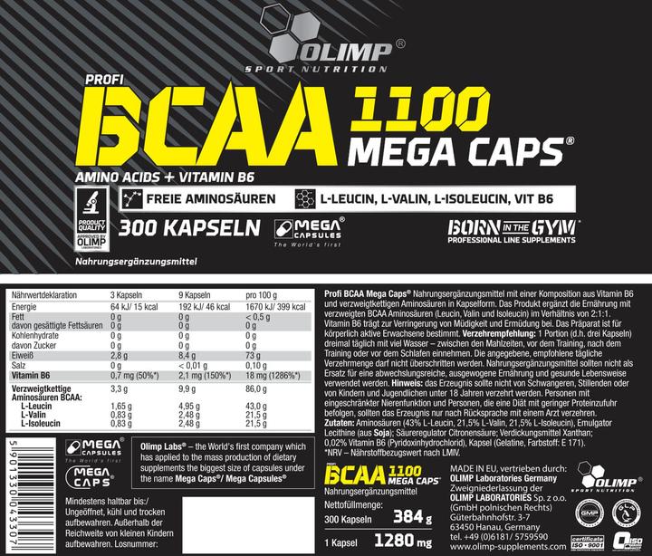 Nutritional values and ingredients Olimp Sport Nutrition Bcaa 1100 Mega Caps (300 Piece, Capsules, 387 g)