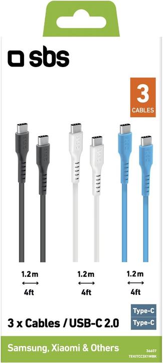 Actual product image SBS USB-C to USB-C data and charging cable kit with 3 colours (1.20 m, USB 2.0)