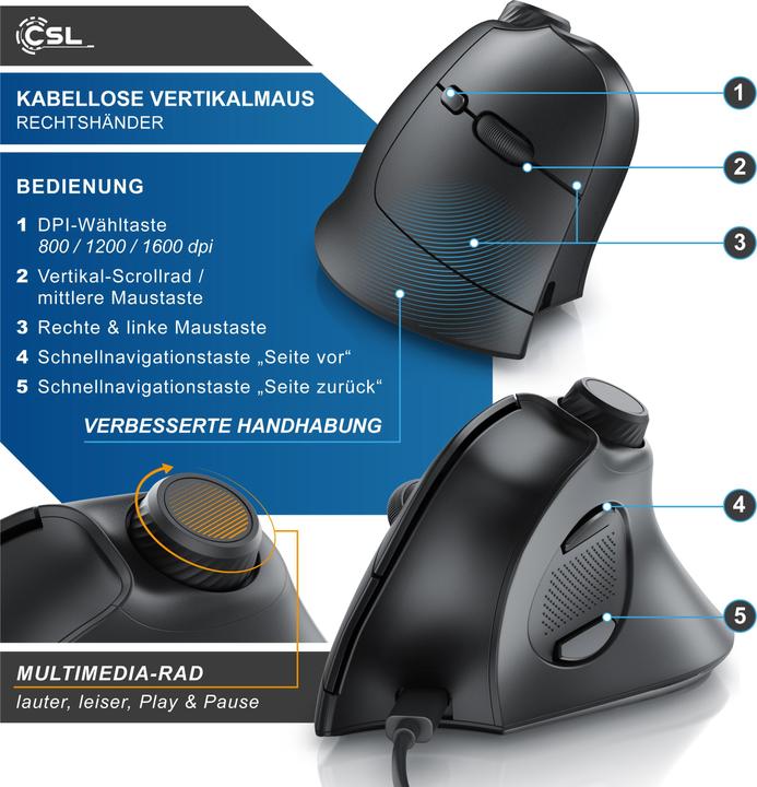 Immagine prodotto CSL Mouse verticale senza fili, radio a 2,4 GHz, 250dpi, mouse wireless ergonomico, contro il braccio (Senza fili)