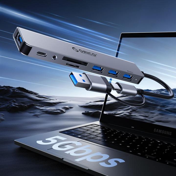 Produktbild Orico Converter YSA2-U3 USB-A/USB-C Hub Docking Station 1x USB-A 3.0 + 6x USB-A 2.0 - Gray (USB-A, 7 Ports)