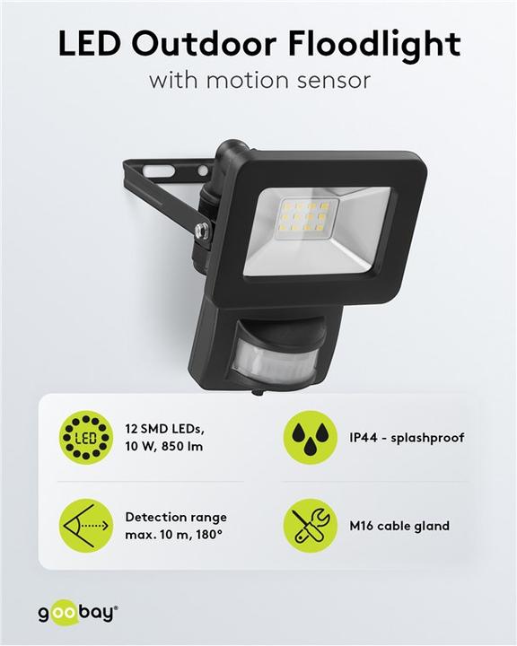 Actual product image Goobay LED outdoor spotlight, 10 W, with motion detector (850 lm, IP44)
