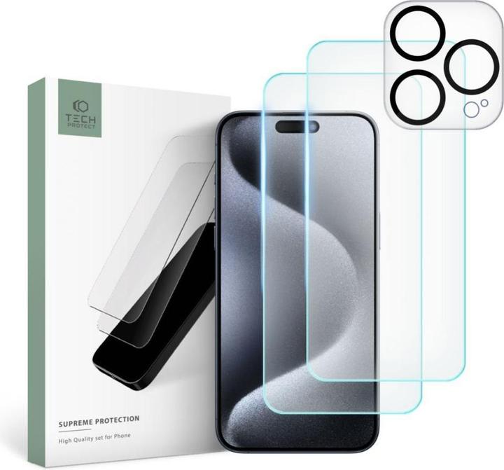 Produktbild Tech-Protect Supreme Set for iPhone 15 Pro 2x Tempered Glass for Display / Tempered Glass for Camera (1 Stück, Apple iPhone 15 Pro)