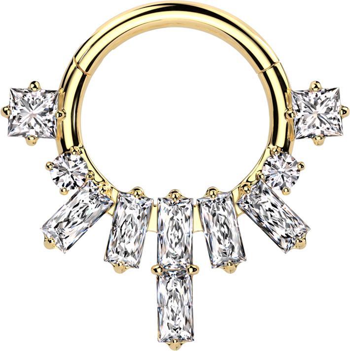 Star Piercing Micro Segmentring klappbar vergoldet Prinzess Kristalle mit zwei runden und eckigen Kristalle (ohne Messing, Chirurgenstahl 316L)