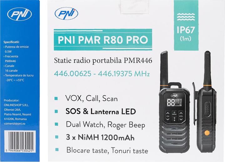 Actual product image PNI Portable radio PMR R80 PRO, set of 2, 0.5 W, 16 channels, waterproof IP67, with LED torch