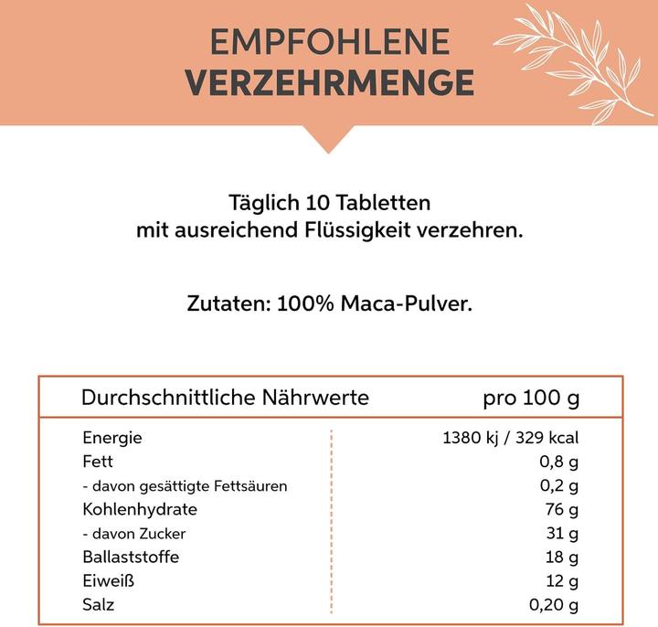 Valeurs nutritives et ingrédients Eltabia Maca en comprimés du Pérou | Qualité crudité premium (400 pièce(s), Cachets)