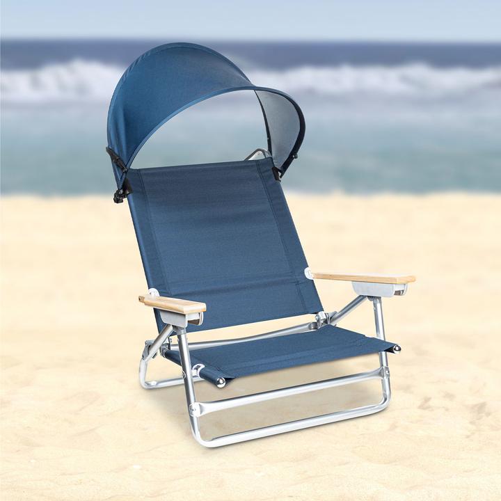 Produktbild HI Strandstuhl mit Sonnenschutz, verstellbarer Rückenlehne & hölzernen Armlehnen