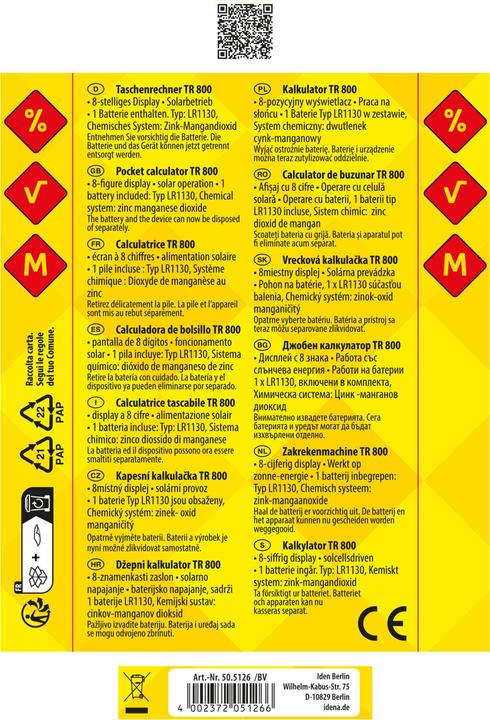 Productafbeelding Idena Zakrekenmachine TR800 zwart, 8-cijferig (Batterijen, Zonnecellen)