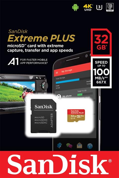 Image du produit SanDisk microSDHC 100MB A1 32GB Extreme Plus Plus (32 Go, microSDHC, U3, UHS-I)