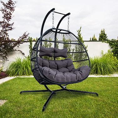 Actual product image PureHaven Hanging chair for 2 persons 130x120x200 cm rattan plastic wickerwork with cushion waterproof (250 kg)
