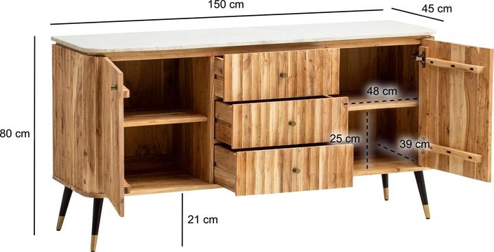 Produktbild FineBuy Sideboard Kommodenschrank 150 cm Massivholz Marmor Türen Schubladen (150 x 80 x 45 cm)