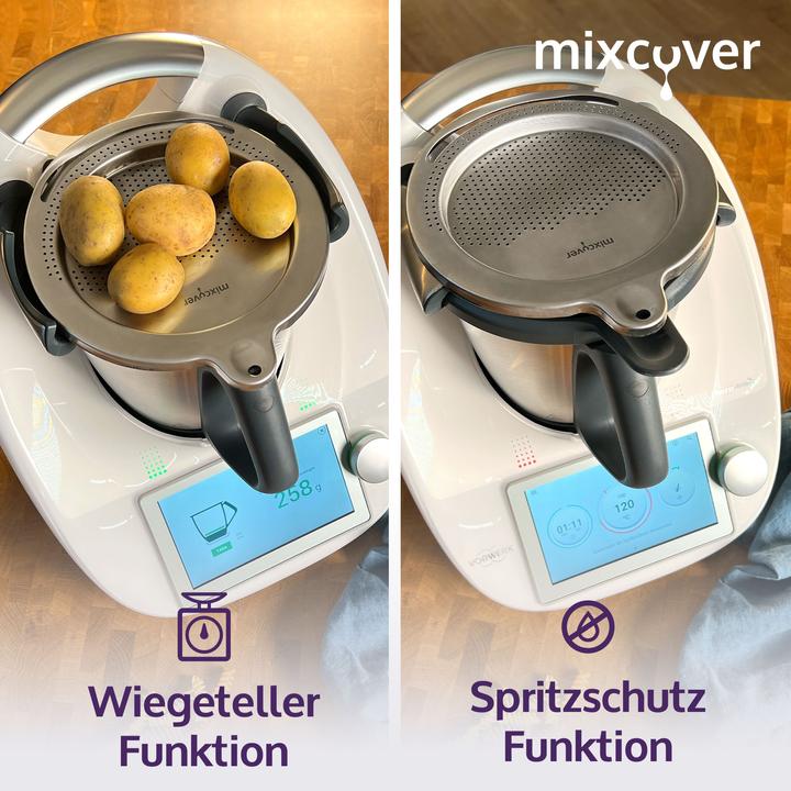 Produktbild Mixcover Edelstahl Sieb Abgiess-Hilfe Wiegeteller Spritzschutz für Thermomix TM6 und TM5