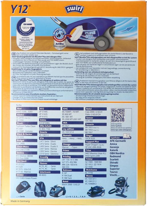 Produktbild Swirl Staubsaugerbeutel Y12 MicroPor Plus für Dirt Devil, ETA und Waves Staubsauger