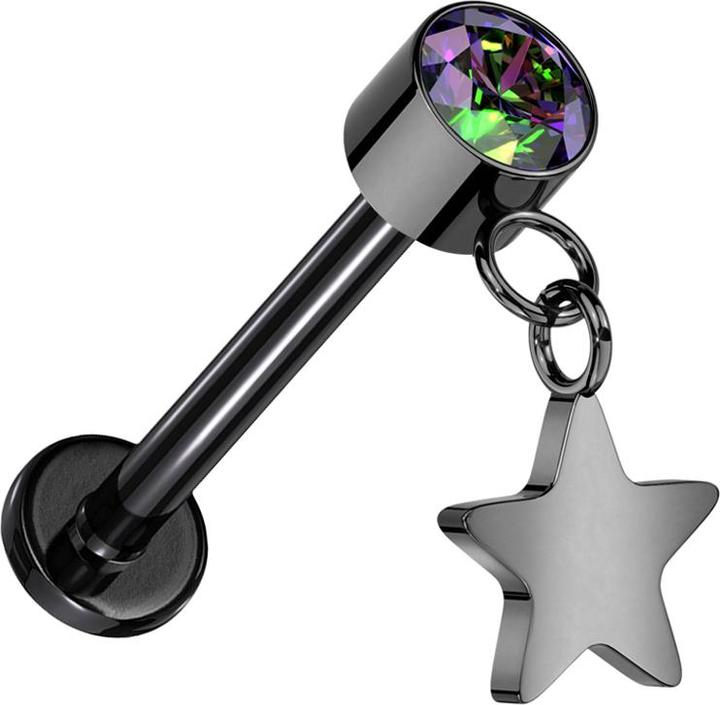 Produktbild Star Piercing Micro Threadless Labret schwarz Zylinder schwarz Kristall dunkel multicolor Anhänger Stern schwarz (ohne Messing, Titan G23)
